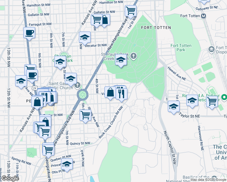 map of restaurants, bars, coffee shops, grocery stores, and more near 219 Varnum Street Northwest in Washington