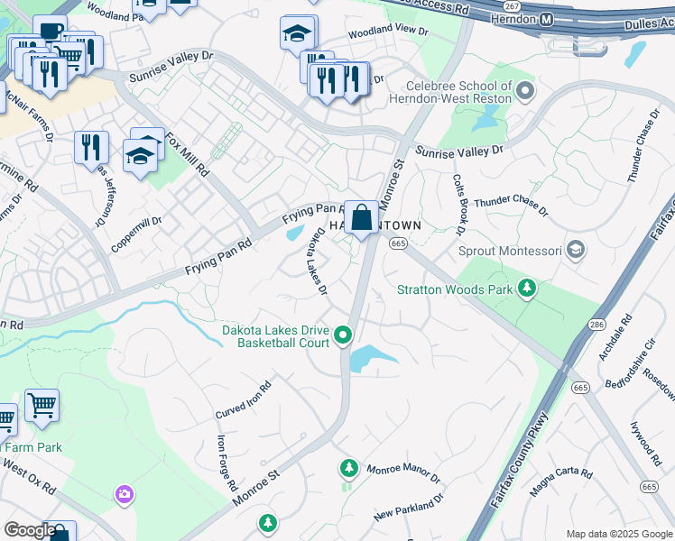 map of restaurants, bars, coffee shops, grocery stores, and more near 12986 Azalea Woods Way in Herndon
