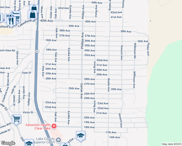 map of restaurants, bars, coffee shops, grocery stores, and more near 15950 29th Avenue in Clearlake