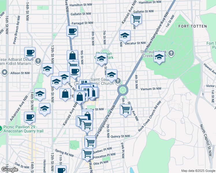 map of restaurants, bars, coffee shops, grocery stores, and more near 4317 7th Street Northwest in Washington