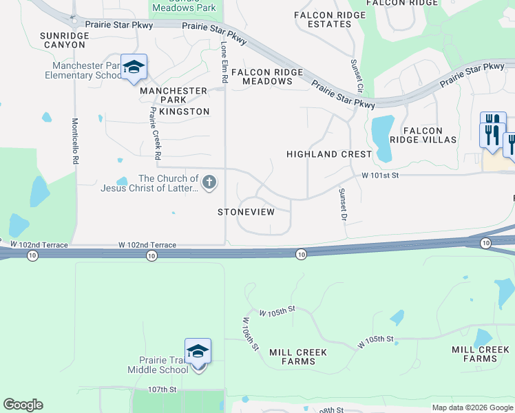 map of restaurants, bars, coffee shops, grocery stores, and more near 10236 Marion Street in Lenexa
