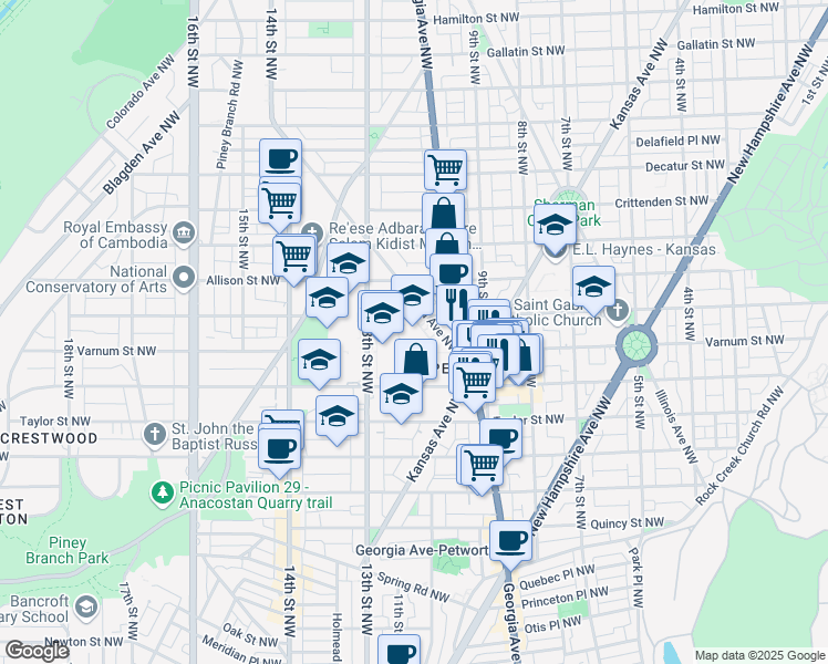 map of restaurants, bars, coffee shops, grocery stores, and more near 4400 Iowa Avenue Northwest in Washington