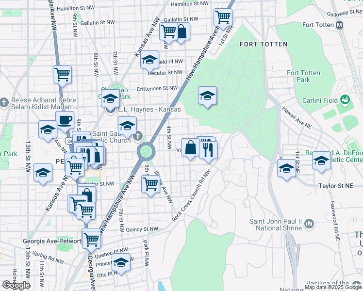 map of restaurants, bars, coffee shops, grocery stores, and more near 311 Varnum Street Northwest in Washington