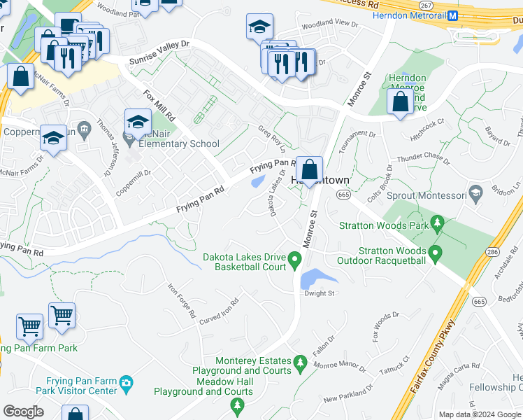 map of restaurants, bars, coffee shops, grocery stores, and more near 13097 Rose Petal Circle in Herndon