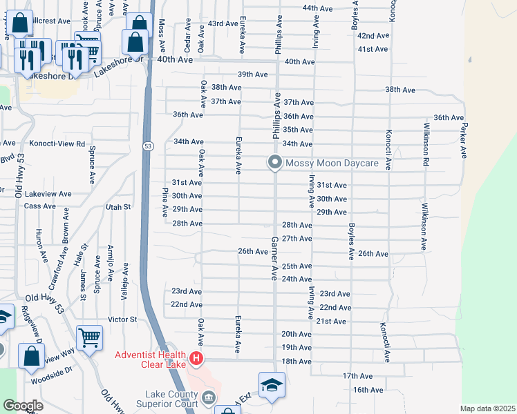map of restaurants, bars, coffee shops, grocery stores, and more near 15850 29th Avenue in Clearlake
