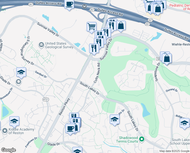 map of restaurants, bars, coffee shops, grocery stores, and more near 2032 Royal Fern Court in Reston