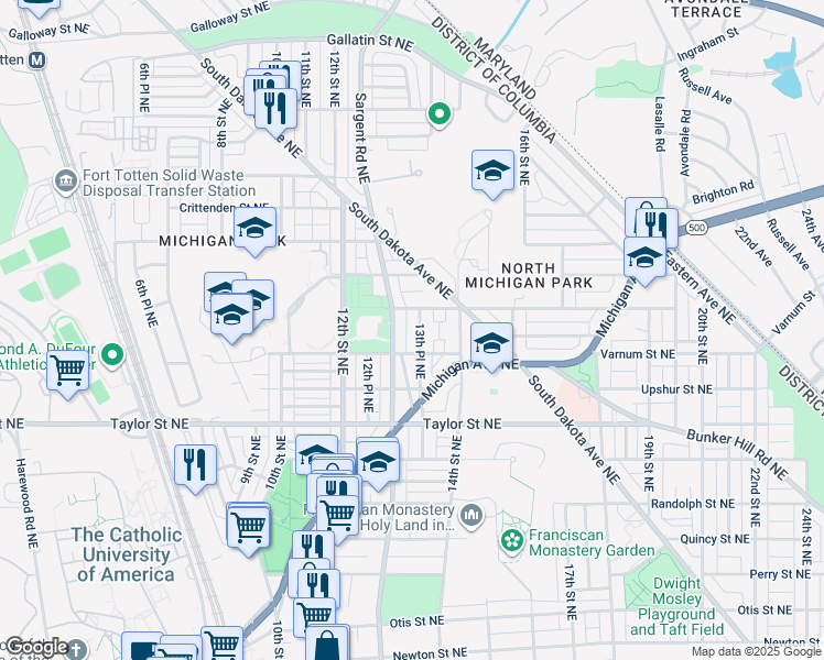 map of restaurants, bars, coffee shops, grocery stores, and more near 4418 13th Place Northeast in Washington