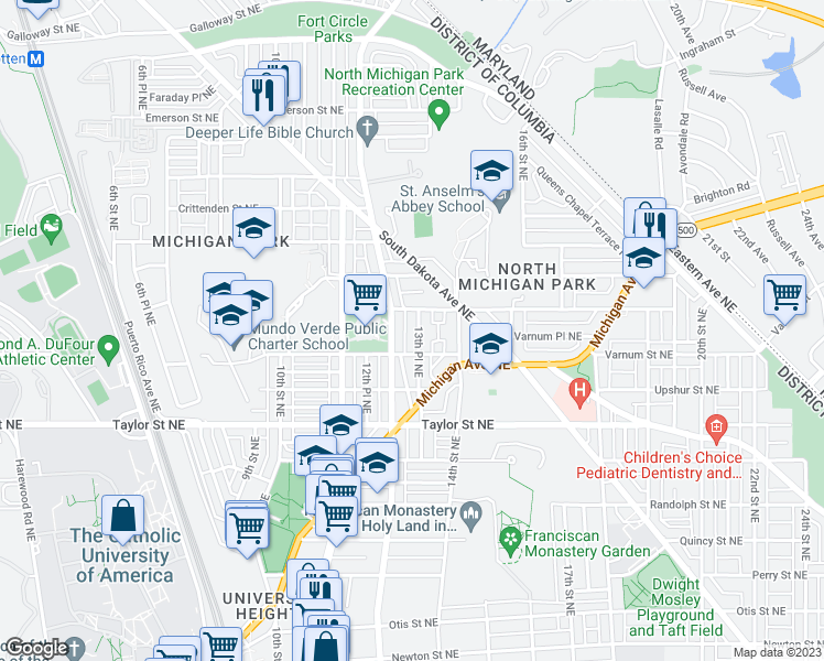 map of restaurants, bars, coffee shops, grocery stores, and more near 4418 13th Place Northeast in Washington
