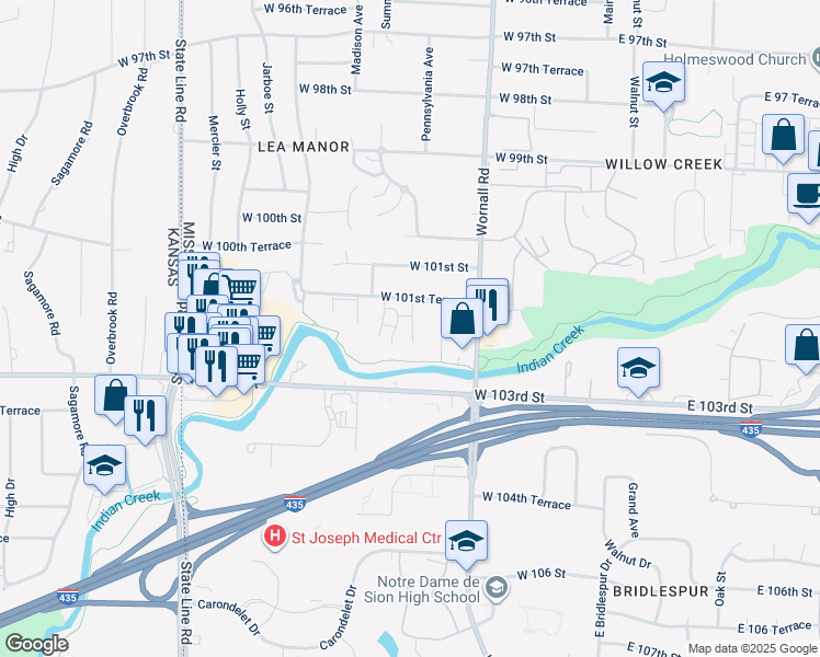 map of restaurants, bars, coffee shops, grocery stores, and more near 717 West 101st Terrace in Kansas City