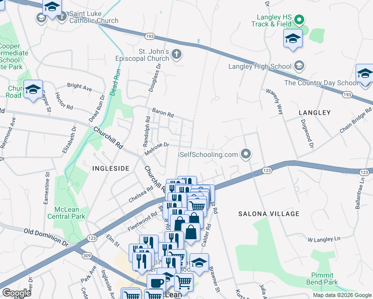 map of restaurants, bars, coffee shops, grocery stores, and more near 6707 Melrose Drive in McLean