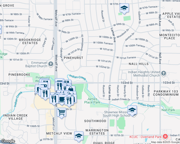 map of restaurants, bars, coffee shops, grocery stores, and more near 10239 Glenwood Street in Overland Park