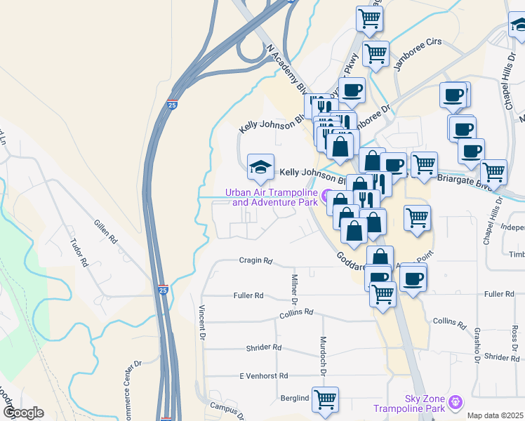 map of restaurants, bars, coffee shops, grocery stores, and more near 960 Robbie View in Colorado Springs