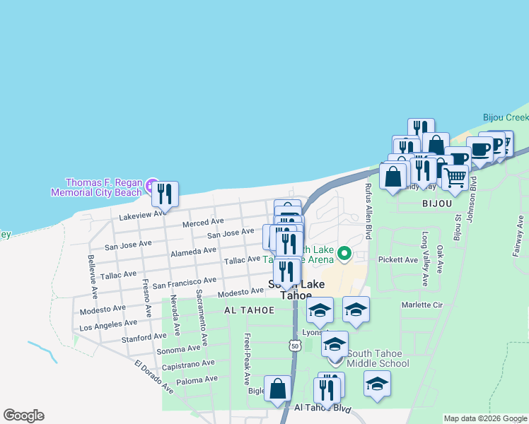 map of restaurants, bars, coffee shops, grocery stores, and more near 957 San Jose Avenue in South Lake Tahoe