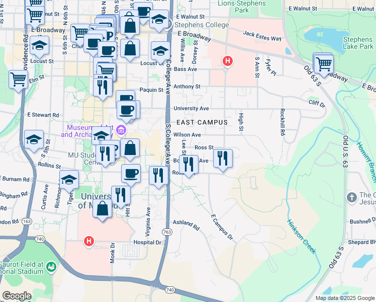 map of restaurants, bars, coffee shops, grocery stores, and more near 706 Lee Street in Columbia