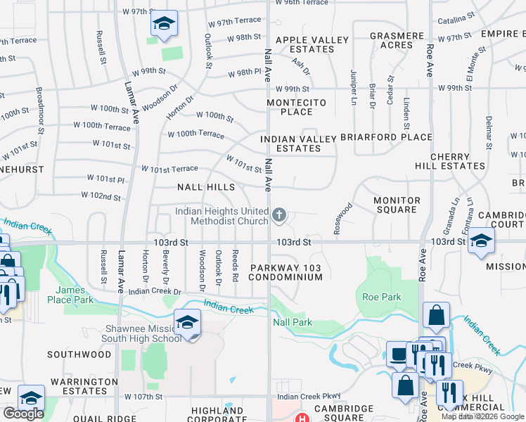 map of restaurants, bars, coffee shops, grocery stores, and more near 10222 Maple Drive in Overland Park