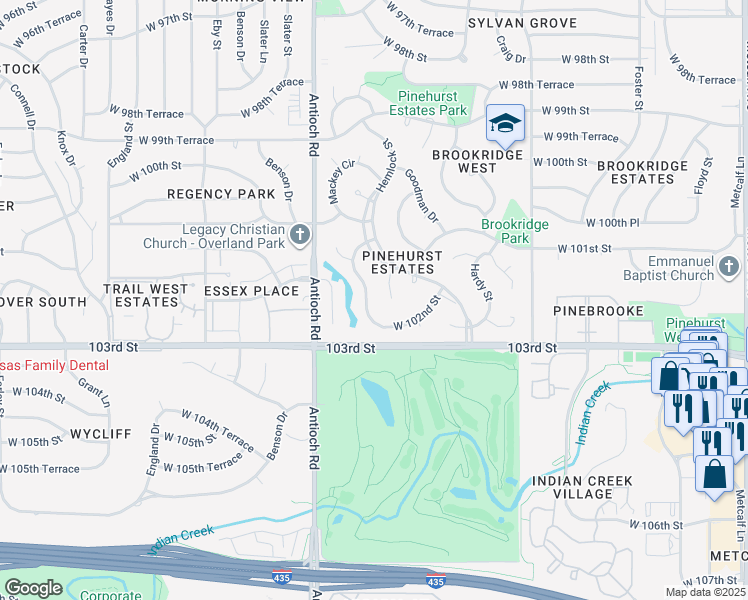 map of restaurants, bars, coffee shops, grocery stores, and more near 8342 West 102nd Street in Overland Park