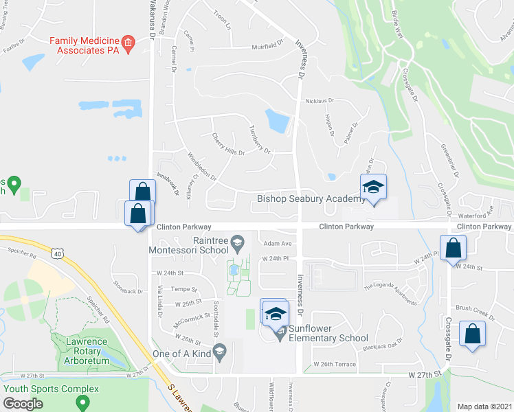 map of restaurants, bars, coffee shops, grocery stores, and more near 2213 Rodeo Drive in Lawrence