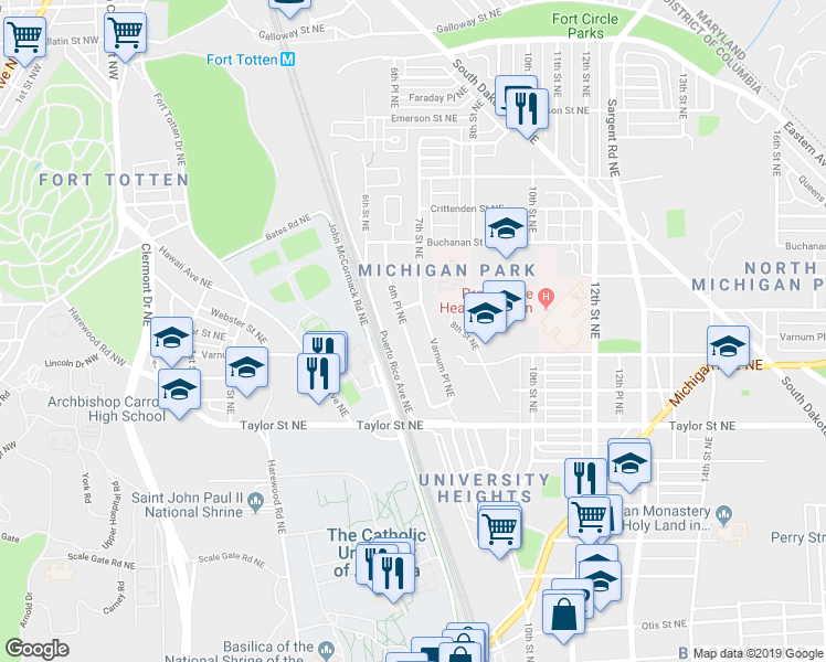 map of restaurants, bars, coffee shops, grocery stores, and more near 4421 6th Place Northeast in Washington