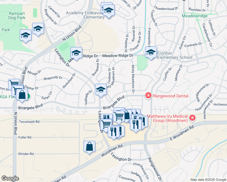 map of restaurants, bars, coffee shops, grocery stores, and more near 7625 Clover Hill Drive in Colorado Springs