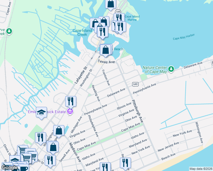 map of restaurants, bars, coffee shops, grocery stores, and more near 1272 Missouri Avenue in Cape May