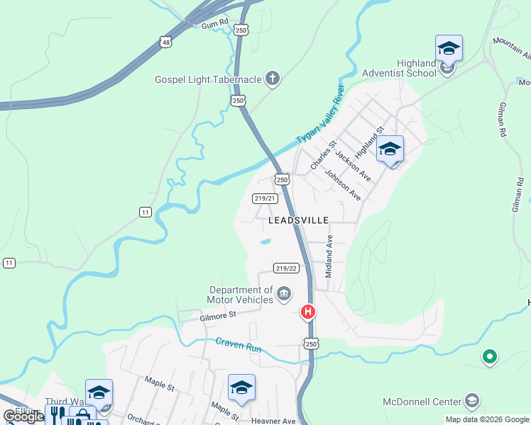 map of restaurants, bars, coffee shops, grocery stores, and more near Cherry Street in Elkins