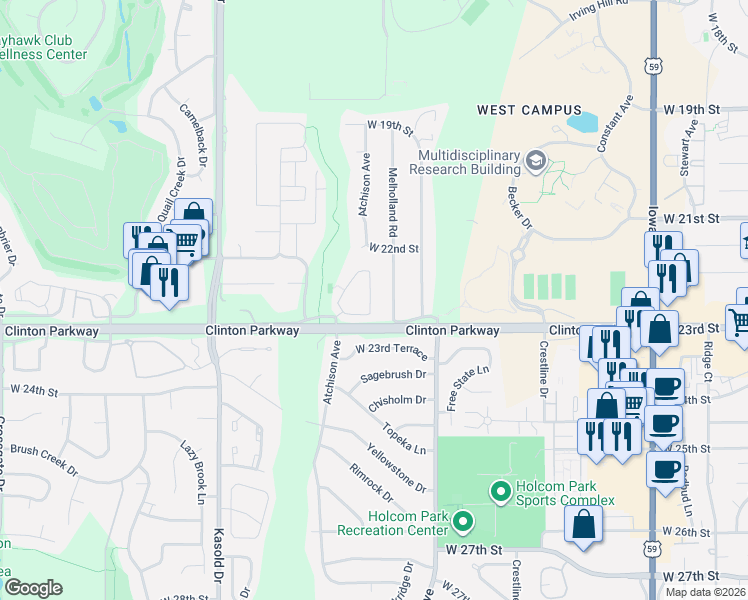 map of restaurants, bars, coffee shops, grocery stores, and more near 2222 Breckenridge Drive in Lawrence