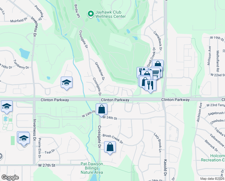map of restaurants, bars, coffee shops, grocery stores, and more near 3700 Clinton Parkway in Lawrence