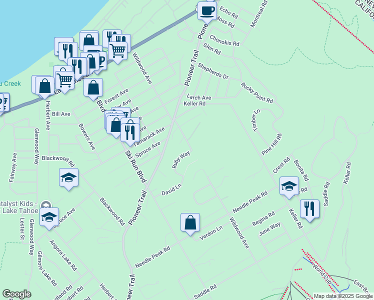 map of restaurants, bars, coffee shops, grocery stores, and more near 3771 Ruby Way in South Lake Tahoe