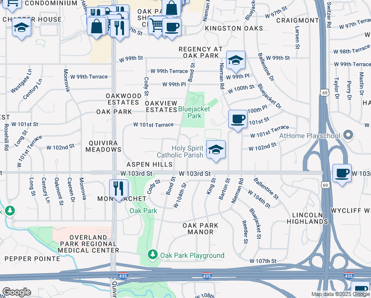 map of restaurants, bars, coffee shops, grocery stores, and more near 10220 Flint Street in Overland Park