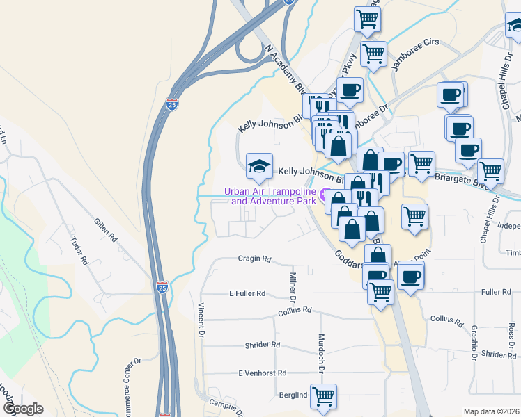 map of restaurants, bars, coffee shops, grocery stores, and more near 7755 Kaleb Grove in Colorado Springs