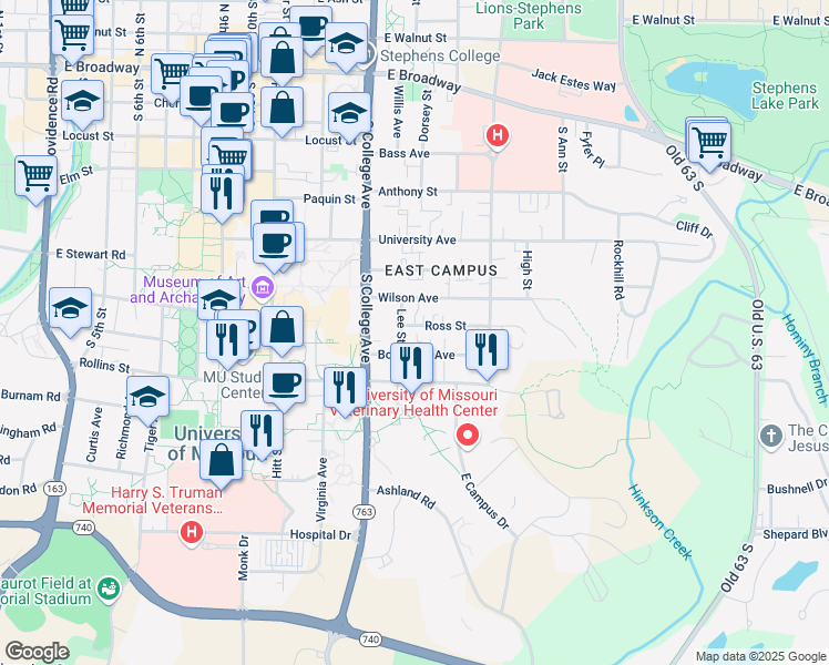 map of restaurants, bars, coffee shops, grocery stores, and more near 1404 Ross Street in Columbia