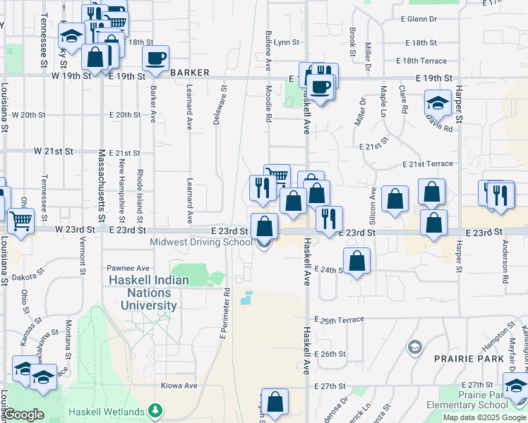 map of restaurants, bars, coffee shops, grocery stores, and more near 706 East 23rd Street in Lawrence