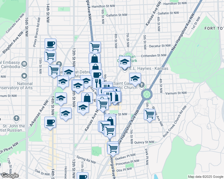 map of restaurants, bars, coffee shops, grocery stores, and more near 4325 Kansas Avenue Northwest in Washington