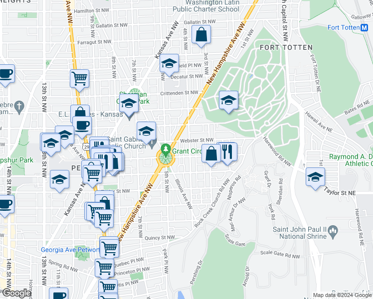 map of restaurants, bars, coffee shops, grocery stores, and more near 4312 4th Street Northwest in Washington
