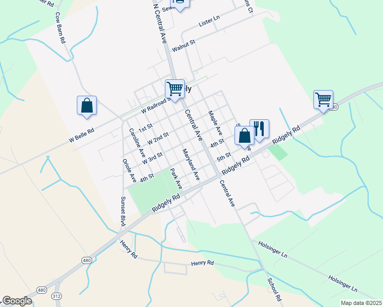 map of restaurants, bars, coffee shops, grocery stores, and more near 403 Maryland Avenue in Ridgely