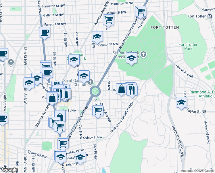 map of restaurants, bars, coffee shops, grocery stores, and more near 4312 4th Street Northwest in Washington