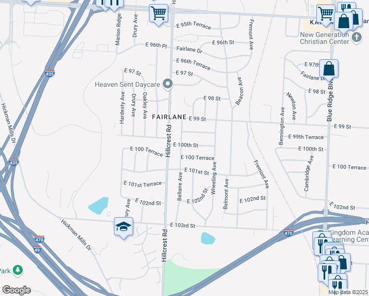 map of restaurants, bars, coffee shops, grocery stores, and more near 10009 Bellaire Avenue in Kansas City