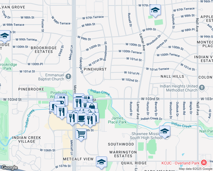 map of restaurants, bars, coffee shops, grocery stores, and more near 10240 Glenwood Street in Overland Park