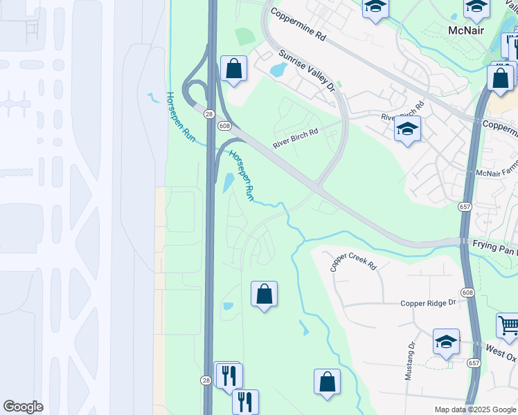 map of restaurants, bars, coffee shops, grocery stores, and more near 13801 Frying Pan Road in Herndon