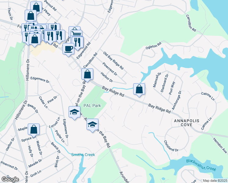 map of restaurants, bars, coffee shops, grocery stores, and more near 1056 Bay Ridge Road in Annapolis
