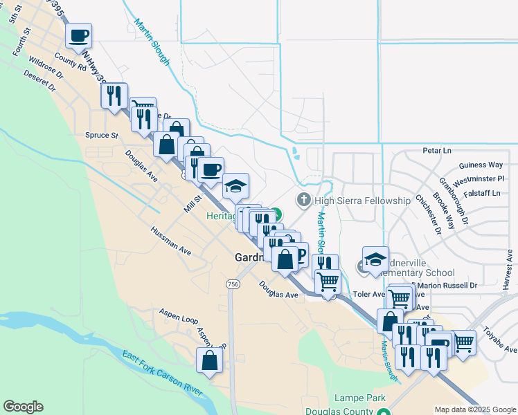 map of restaurants, bars, coffee shops, grocery stores, and more near 1468 Courthouse Alley in Gardnerville