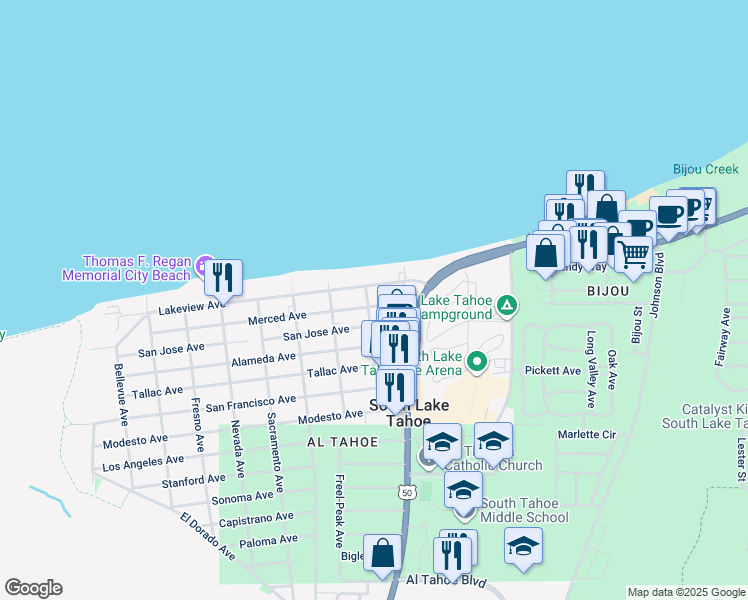 map of restaurants, bars, coffee shops, grocery stores, and more near 957 San Jose Avenue in South Lake Tahoe