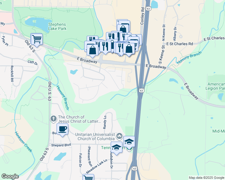 map of restaurants, bars, coffee shops, grocery stores, and more near 2700 Green Valley Drive in Columbia