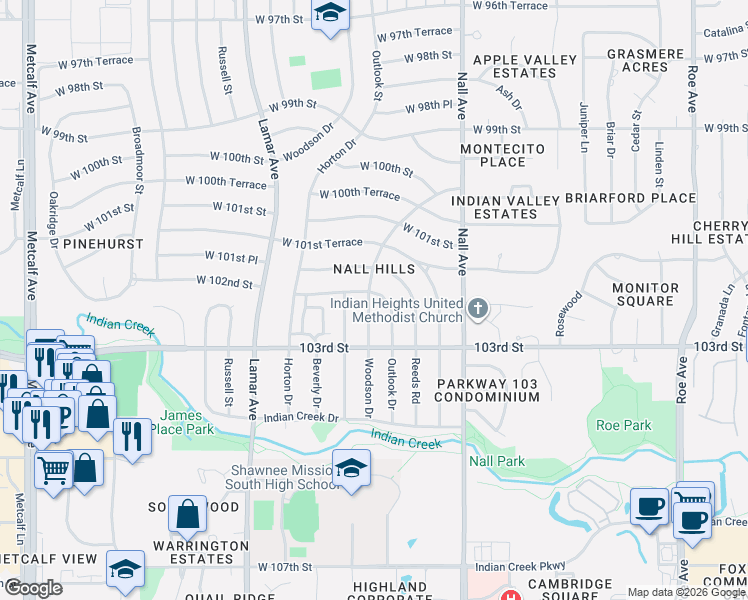 map of restaurants, bars, coffee shops, grocery stores, and more near 10223 Woodson Drive in Overland Park