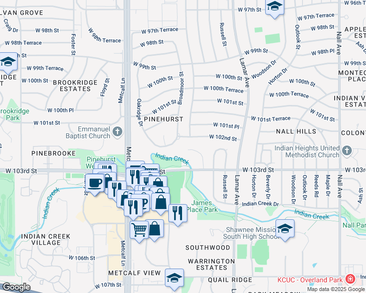 map of restaurants, bars, coffee shops, grocery stores, and more near 10240 Glenwood Street in Overland Park