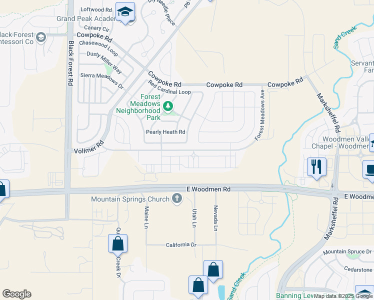 map of restaurants, bars, coffee shops, grocery stores, and more near Forest Meadows Avenue in Colorado Springs