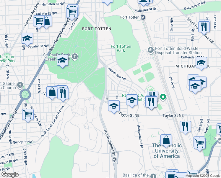map of restaurants, bars, coffee shops, grocery stores, and more near 4402 1st Place Northeast in Washington
