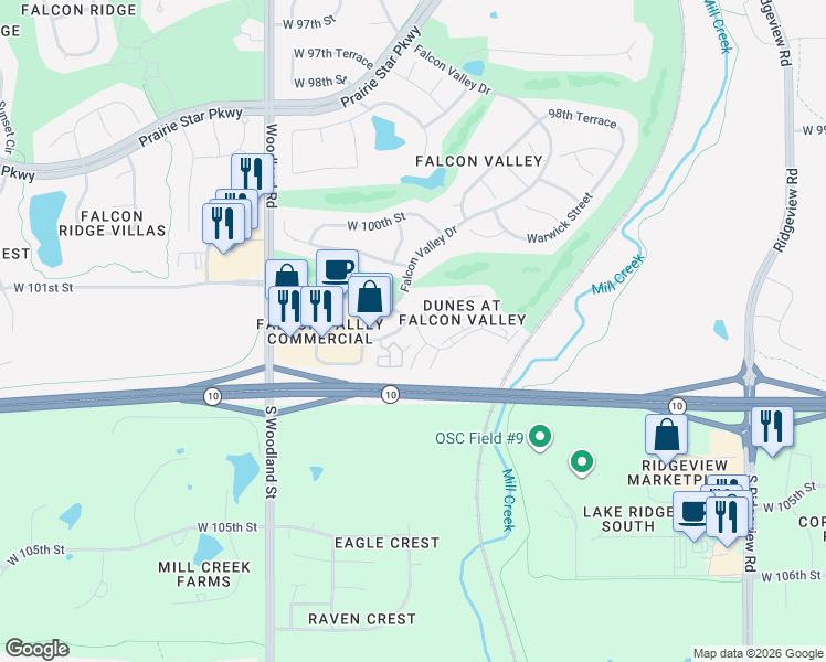 map of restaurants, bars, coffee shops, grocery stores, and more near 10221 Millstone Drive in Lenexa
