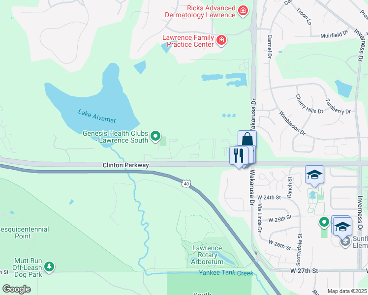 map of restaurants, bars, coffee shops, grocery stores, and more near 5000 Clinton Parkway in Lawrence