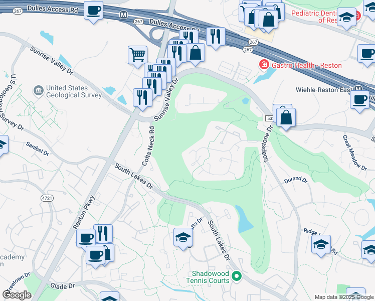 map of restaurants, bars, coffee shops, grocery stores, and more near 2192 Golf Course Drive in Reston